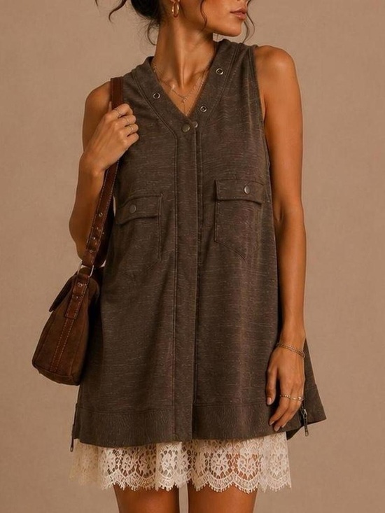 Free People Tops - Free People Sleeveless Tunic Dress XS Brown Boho Lagenlook Pocket Knit